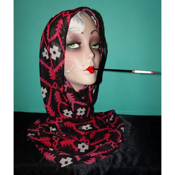 Vintage Black & Pink Southwest Motif Infinity Scarf semi sheer head wrap - Picture 11 of 14